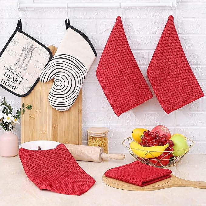 Homaxy 100% Cotton Waffle Weave Kitchen Dish Cloths, Ultra Soft Absorbent Quick Drying Dish Towels, 12 x 12 Inches, 18-Pack, Red
