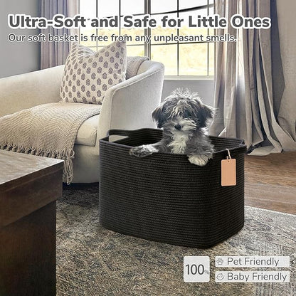Goodpick Woven Storage Baskets for Organizing, 18" x 14" x 12" Rectangle Blanket Basket with Handles, Nursery Cotton Rope Basket for Living Room, Bedroom, Black