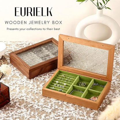 Wooden Jewelry Box for Women, Medium Size Natural Solid Cherry Wood Vintage Trinket Organizer with Large Storage, Ring Compartments, Built in Necklace Hooks, Glass Lid, ek06-m-cherry