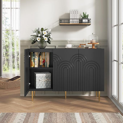 ARTPOWER 47" Accent Cabinet with Cloud Relief, Sideboard Buffet Cabinet with 3 Doors, Modern Decorative Credenza with Storage for Living Room, Kitchen, Dining Room, Hallway, Entryway, Black