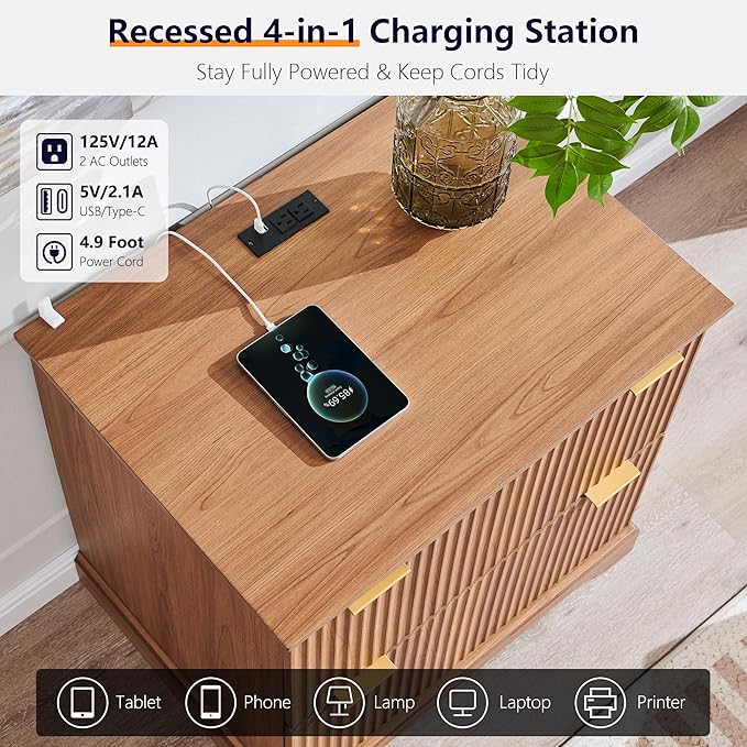 2 Drawer File Cabinet With Charging Station, 30" Fluted Lateral File Cabinet w/Files Hanging Rod for Letter/Legal/A4, Large Tabletop for Printer, Office Wood Printer Cabinets, Dark Chestnut Wood