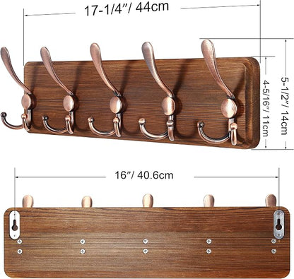 SKOLOO Rustic Pine Wood Wall Coat Rack with 5 Triple Hooks, 16" Stud Spacing, Farmhouse Wall Mounted Coat Rack for Hanging Backpack, Jacket, Hat