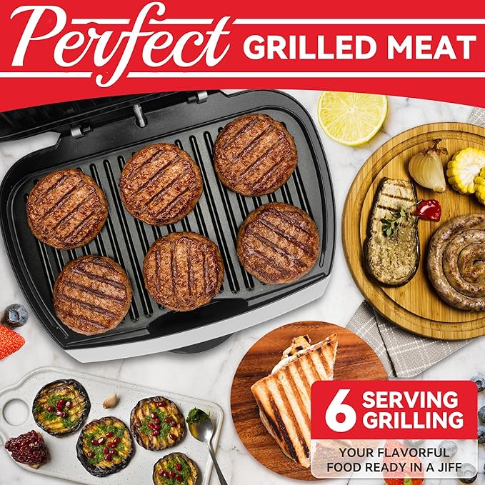 Family-sized Contact Grill, 6-Serving Electric Indoor Grill with Adjustable Temp Control, Ceramic Coating, 1500W, Silver