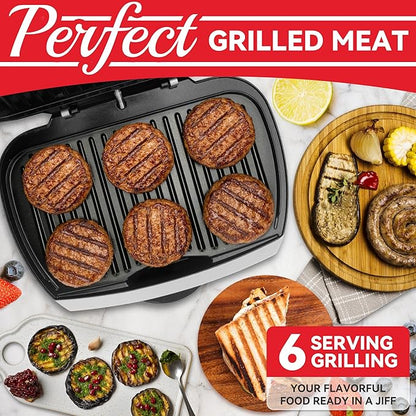 Family-sized Contact Grill, 6-Serving Electric Indoor Grill with Adjustable Temp Control, Ceramic Coating, 1500W, Silver