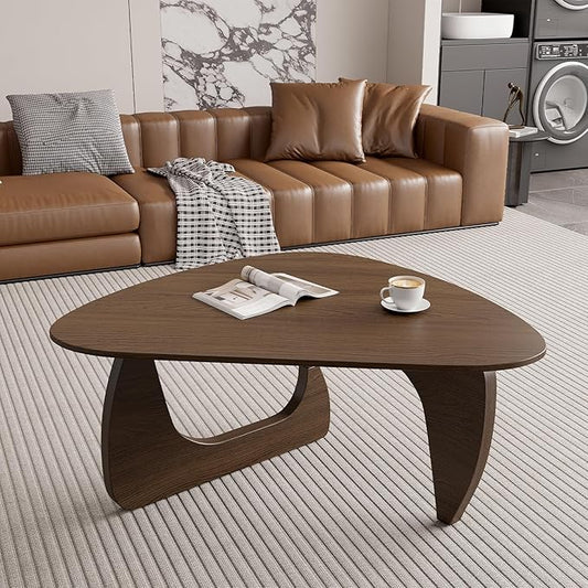 Modern Wood Coffee Table, Triangle Center Table with Premium Wooden Top& Unique Base, 42.5” Small Mid Century Tea Tables for Living Room, Apartment, Office,Walnut