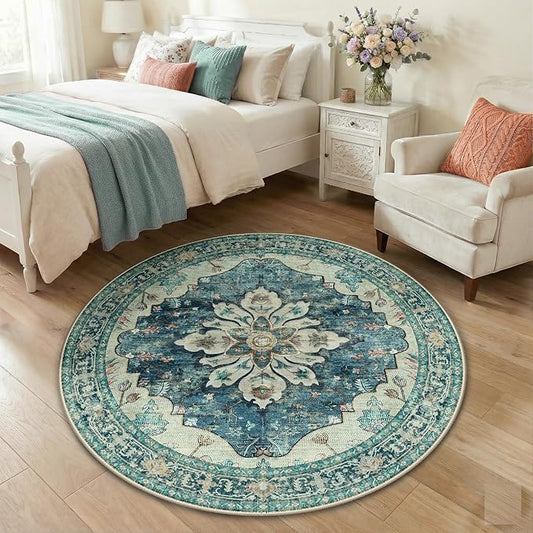 RELEANY Area Rugs Round 4ft Washable Non-Slip, Floral Vintage Distress Medallion Carpet for Living Room Bedroom Dining Room, Dark Blue Vintage