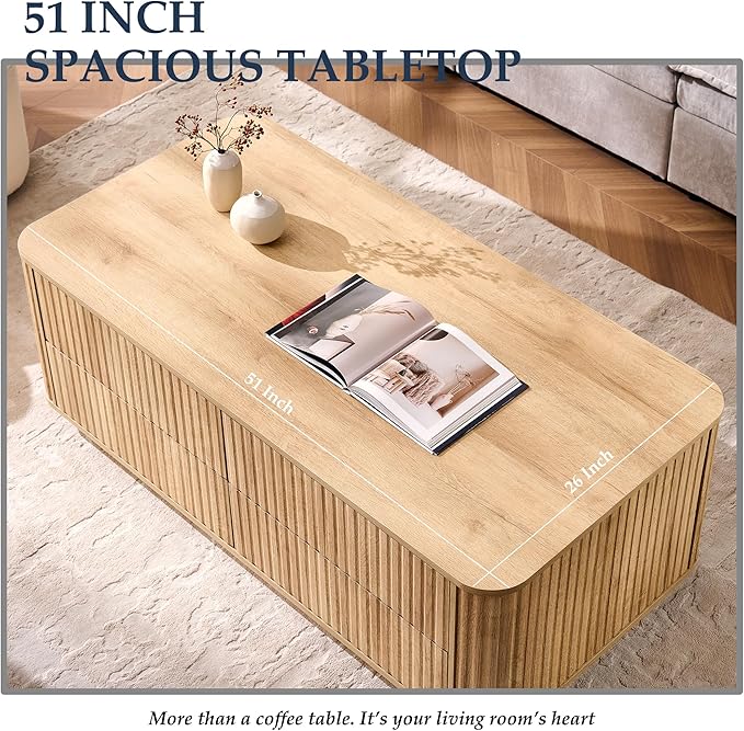 JXQTLINGMU Large Coffee Table with Storage, 51" Modern Fluted Coffee Table with 4 Drawers, Rectangle Wood Center Table for Living Room (Natural Oak)