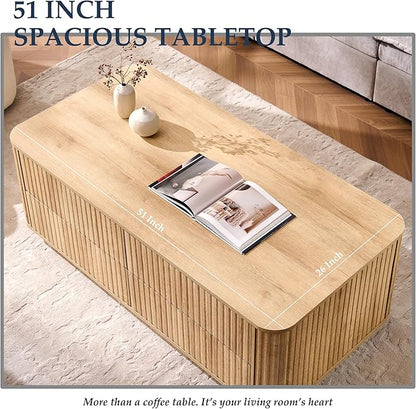 JXQTLINGMU Large Coffee Table with Storage, 51" Modern Fluted Coffee Table with 4 Drawers, Rectangle Wood Center Table for Living Room (Natural Oak)