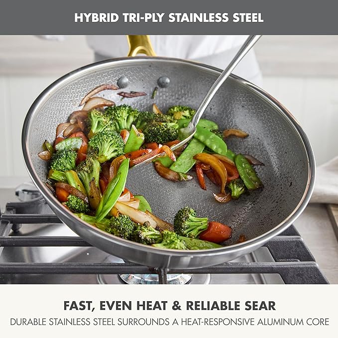 GreenPan Hybrid 11” Nonstick Stainless Steel Wok Pan, APEX Tri-Ply Thermobond PFAS-Free Ceramic Skillet, Induction & All Cooktop Compatible, Oven Temp to 850°F, Dishwasher Safe, Gold
