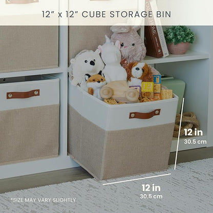 OrganiHaus 12" x 12" x 12" Fabric Storage Bins - Set of 4, Cube Canvas Organizer Bins with Vegan Handles, Kallax Storage Cubes, 12 Inch Cubic Baskets for Shelves - Beige/White