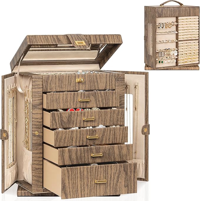 AKOZLIN 360° Rotating Jewelry Box Extra Large 6-Tier Organizer Functional Jewelry Storage Case for Women Girls Ring Necklace Earring Bracelet Holder with Mirror Color Wood Grain