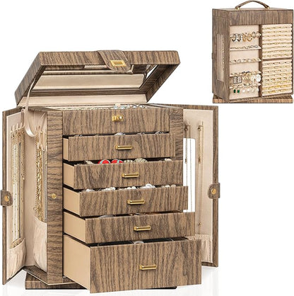 AKOZLIN 360° Rotating Jewelry Box Extra Large 6-Tier Organizer Functional Jewelry Storage Case for Women Girls Ring Necklace Earring Bracelet Holder with Mirror Color Wood Grain