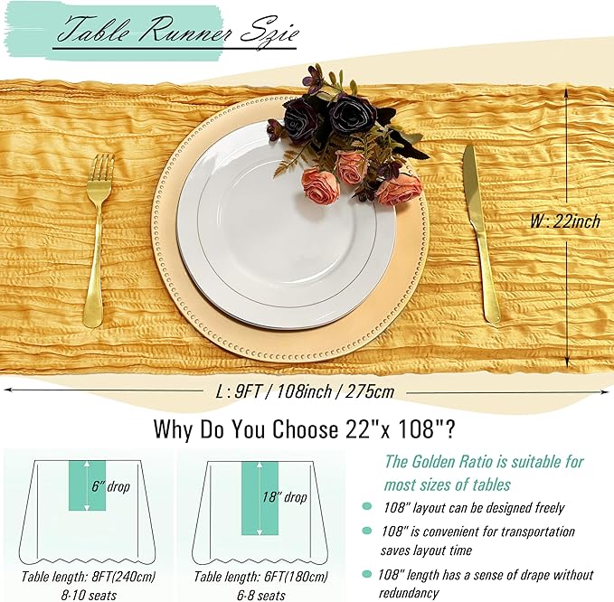8 Pack Gold Cheesecloth Table Runner 22 x 108 inch Gauze Cheese Cloth Table Runner Bulk for Rustic Wedding Baby Shower Birthday Party Boho Table Decor