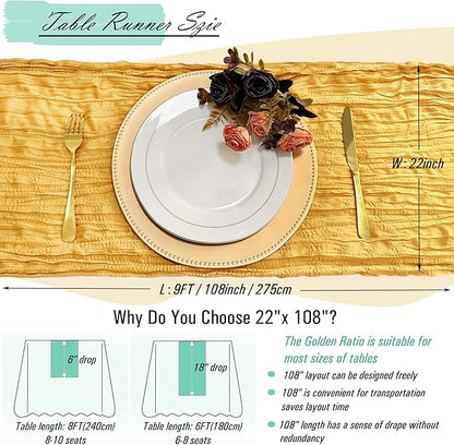 8 Pack Gold Cheesecloth Table Runner 22 x 108 inch Gauze Cheese Cloth Table Runner Bulk for Rustic Wedding Baby Shower Birthday Party Boho Table Decor