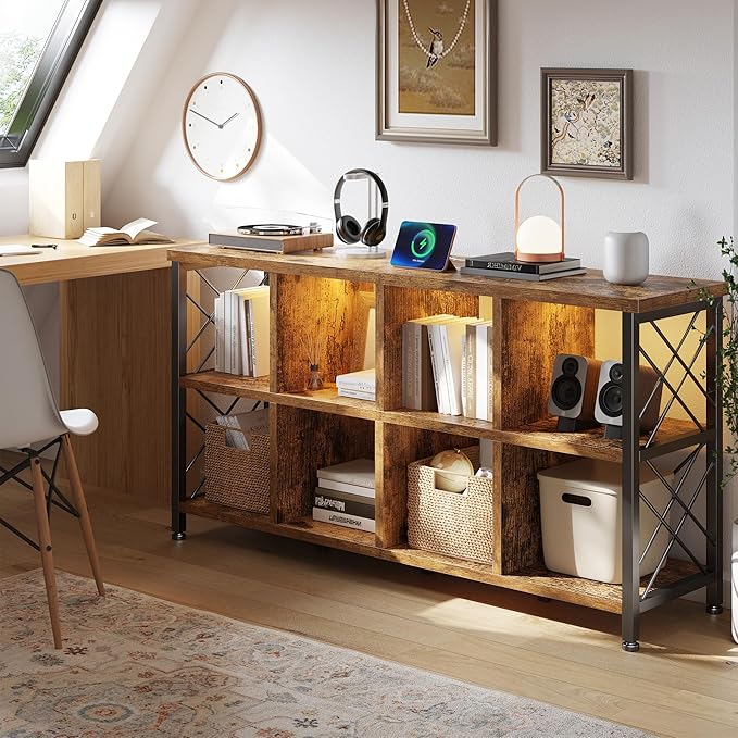 8 Cube Storage Organizer with LED Light and Charging Station, Wood and Metal Cube Shelf, Long Horizontal Book Shelf for Bedroom, Home Office,Rustic Brown
