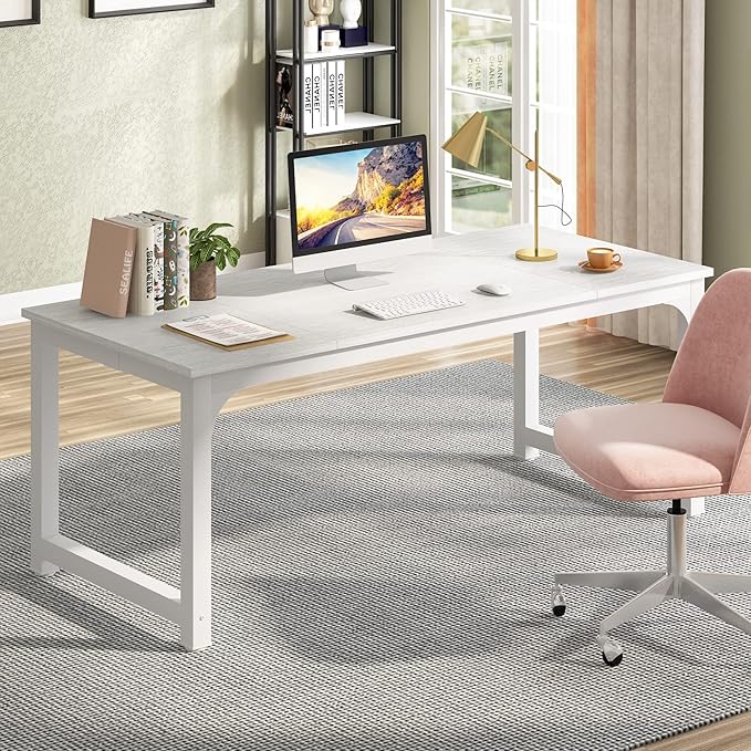 Tribesigns Modern Computer Desk, 70.8 x 31.5 inch Large Office Desk Computer Table Study Writing Desk Workstation for Home Office, White Metal Frame