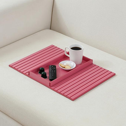 Bamboo Couch Arm Tray Table，Foldable Sofa Armrest Tray Table for Couch，Flexible and Anti-Slip Couch Arm Cup Holder，Portable Sofa Arm Chair Table for Drink,Cups, Eats，Snacks, Phone, Remote (Pink)