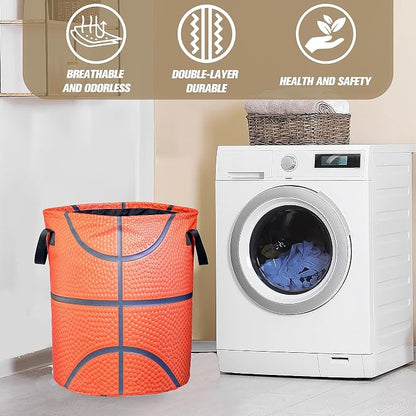 Basketball Texture Laundry Basket Ball Foldable Waterproof Oxford Cloth Funny Tote Bag Laundry Hamper Clothes Storage Bucket Organizer For Bathroom/Laundry Storage/Bedroom 18.9x16.5 Inch