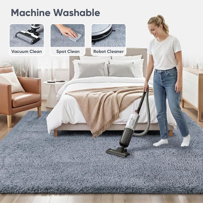 Area Rug for Living Room Bedroom: 8x10 Grey Soft Fluffy Shag Upgrade Non-Slip High Pile Carpet Large Fuzzy Plush Indoor Floor Decor Shaggy Rug for Kid Boys Girls Dorms Playroom Nursery Modern Home