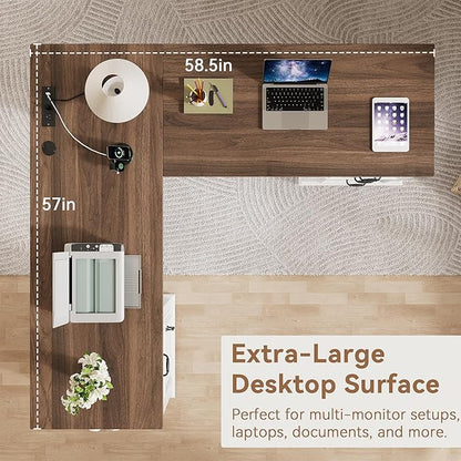 Farmhouse L Shaped Executive Desk with 4 Drawers, Home Office Desk with Hidden Under-Desk Storage Shelf and Charging Station, File Cabinet Storage, Wood Corner Computer Desk for Work(White+Brown)