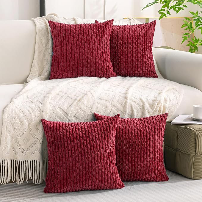 Set of 4 Burgundy Decorative Throw Pillow Covers 24x24 Inch Corduroy Pillow Covers for Bed Couch Sofa Living Room Soft Square Cushion Cases