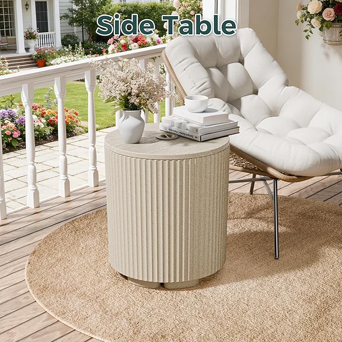 Outdoor Umbrella Stand with Hole, in Pool Umbrella Stand with Weighted Water Filled Bladder, Fluted Vertical Ribbed Design, All Weather Umbrella Side Table Base, Patio Umbrella Base, Beige