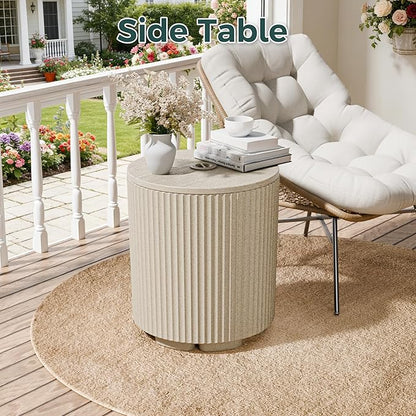 Outdoor Umbrella Stand with Hole, in Pool Umbrella Stand with Weighted Water Filled Bladder, Fluted Vertical Ribbed Design, All Weather Umbrella Side Table Base, Patio Umbrella Base, Beige