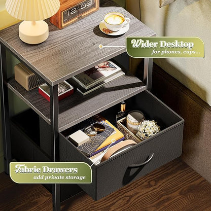 Huuger Night Stand Set of 2, Nightstand with 2 Drawers, Bed Side Table with Open Shelf, Wooden Top, End Table, Fabric Drawer, for Bedroom, Grey