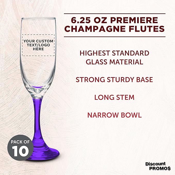 DISCOUNT PROMOS Custom Premiere Champagne Flutes 6.25 oz. Set of 10, Personalized Bulk Pack - Elegant Drinkware for Weddings, Events, & Promotional Gifts - Purple