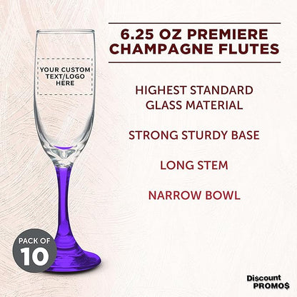 DISCOUNT PROMOS Custom Premiere Champagne Flutes 6.25 oz. Set of 10, Personalized Bulk Pack - Elegant Drinkware for Weddings, Events, & Promotional Gifts - Purple