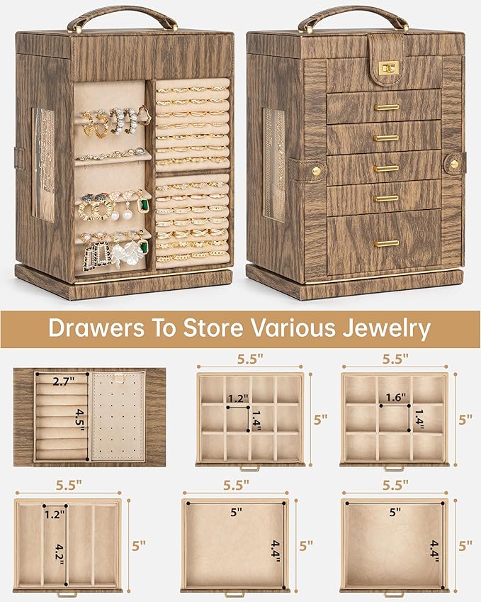 AKOZLIN 360° Rotating Jewelry Box 6-Tier Organizer Functional Jewelry Storage Case for Women Girls Ring Necklace Earring Bracelet Holder with Mirror Color Wood Grain
