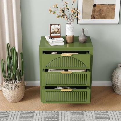 3 Drawer Dresser, Farmhouse Fluted Chest of Drawers, Wooden End Table, Mid- Century Modern Bedroom Nightstand Side Table for Bedrooms, Closets, Hallways, and Entryways, Green