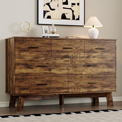 Dresser for Bedroom with 7-Drawer, 47.2" Wide Modern Chest of Drawers with Metal Handles, X-Shape Base & Adjustable Center Leg, Anti-Tip Closet Organizers and Storage