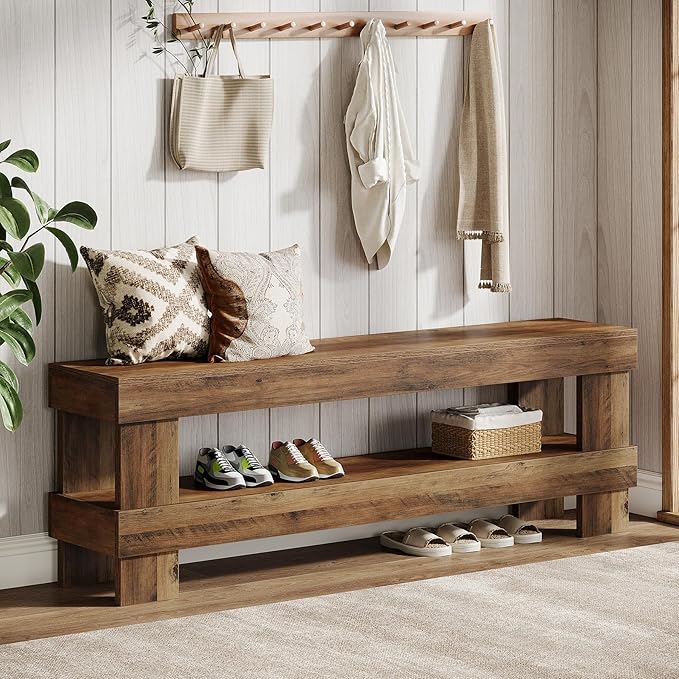 Tribesigns Farmhouse Entryway Bench, 59-Inch Long Shoe Bench Seat with Open Storage Shelf, 2-Tier Narrow End of Bed Benches for Bedroom, Entryway, Hallway, Indoor, Living Room (Rustic Brown)