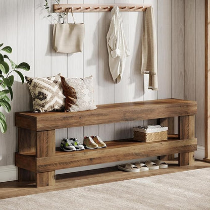 Tribesigns Farmhouse Entryway Bench, 59-Inch Long Shoe Bench Seat with Open Storage Shelf, 2-Tier Narrow End of Bed Benches for Bedroom, Entryway, Hallway, Indoor, Living Room (Rustic Brown)