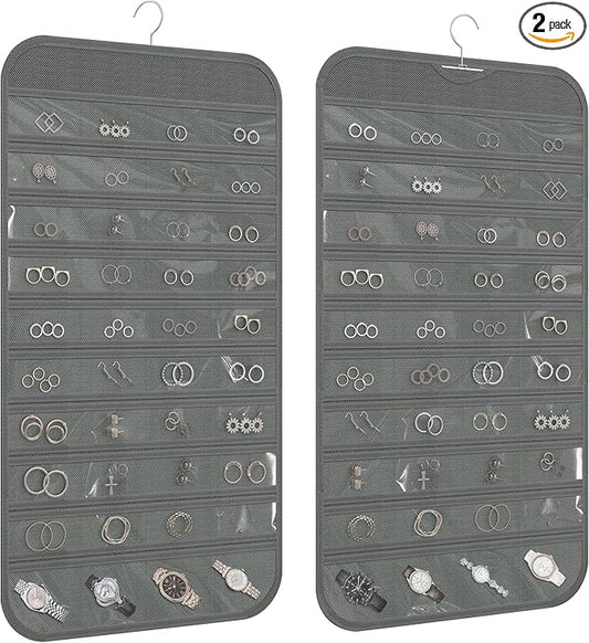 2 Pack Hanging Jewelry Organizer 80-Pocket Dual-sided Jewelry Storage for Earring Necklace Bracelet Ring Travel Holder, Gray