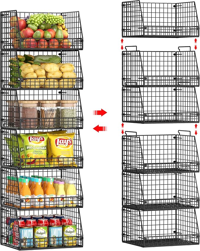 Jakyitvi 6 Pack Stackable Wire Baskets for Pantry,6 Pank Metal Pantry Organizer Storage Bins for Kitchen Snack, Fruit, Potato, Onion & Vegetable Storage, Wire Baskets for Pantry Organization