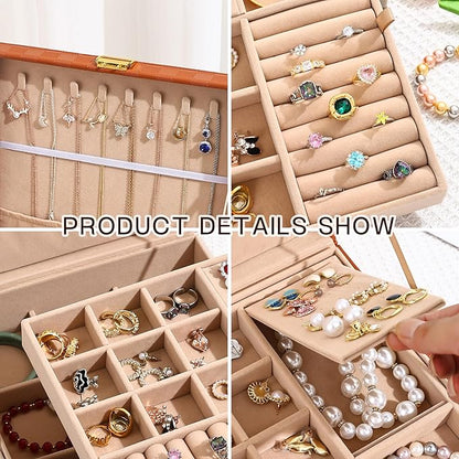 Jewelry Organizer Box, Jewelry Box Organizers for Women Girls, 2 Layers Large Leather Jewels Storage Case for Earring, Rings, Necklaces, Bracelets, Big and Small Jewellery, Watch, Ideal Gift (Brwon)