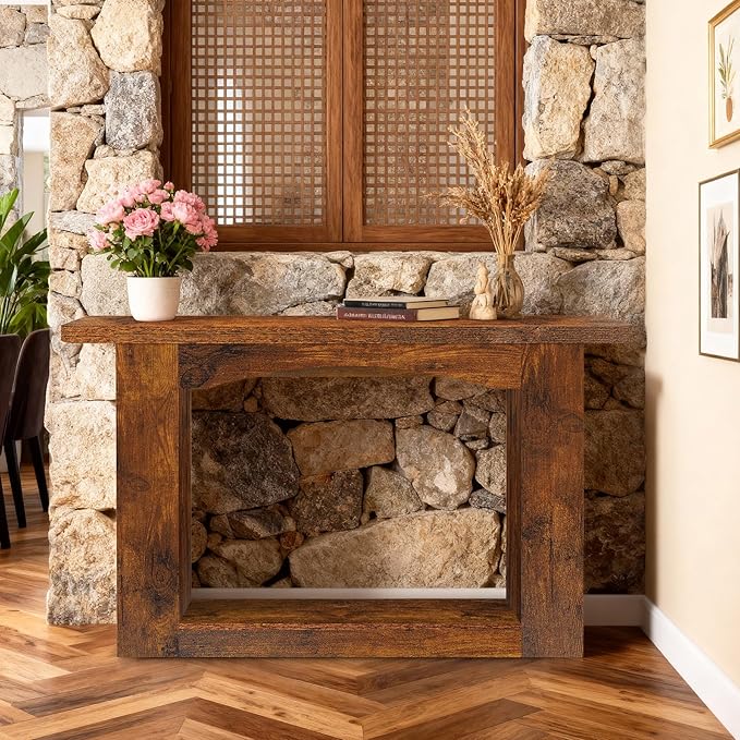 51 Inch Entryway Table U-Shaped Extension, 1.6 Inch Thick Desktop Wooden Console Table with Socket Farmhouse Sofa Table for Entrance, Hallway, Living Room,Behind Couch(Rustic Brown)
