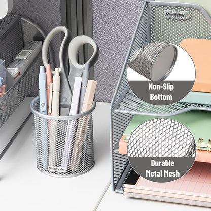 Mind Reader Pen and Accessories Holder, Desktop Organizer, Office, Metal Mesh, 3.5"L x 3.5"W x 3.75"H, Set of 3, Silver