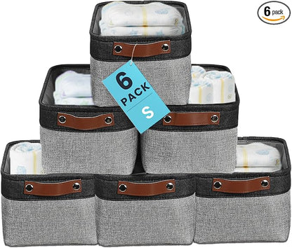 OrganiHaus 12x8in Canvas Storage Baskets 6 Pack | SMALL Fabric Bins for Shelves | Pantry & Bathroom Organizer | Gray/Black