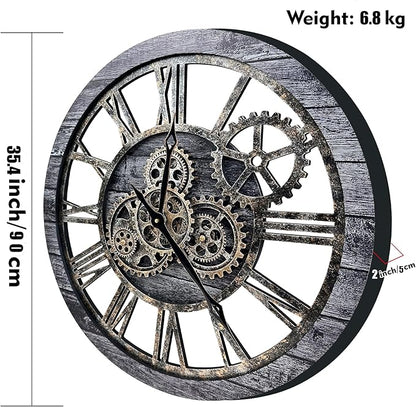 The B-Style Large Wall Clock 24 inch Moving Gear Wall Clock Oversized Vintage Farmhouse Wall Clocks for Living Room Decor Rustic Industrial Wood Clock (Carbon Gray, 36 inch/90cm)