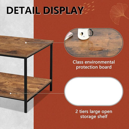 SENIG Small Brown Rectangle Wood and Metal Coffee Table with Storage Shelf for Small Living Rooms