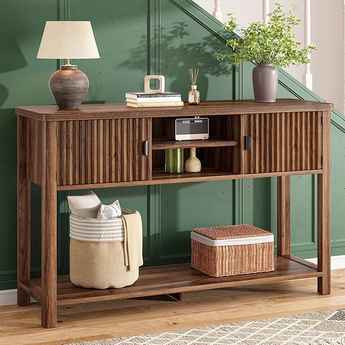Console Table Fluted with 8 Storage Shelves & 2 Doors, Modern Sofa Table Behind Couch with Open Storage Shelf, Entry Table for Hallways,Entryway, Living Room,Wooden, Walnut Brown