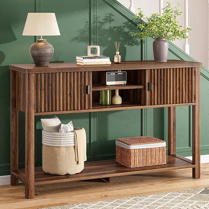 Console Table Fluted with 8 Storage Shelves & 2 Doors, Modern Sofa Table Behind Couch with Open Storage Shelf, Entry Table for Hallways,Entryway, Living Room,Wooden, Walnut Brown