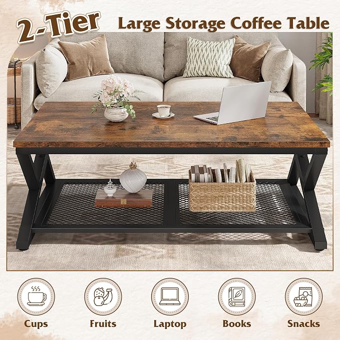 EnHomee Rustic Coffee Table with Storage, Farmhouse Coffee Table with Mesh Shelf, 2 Tier Rectangular Center Table for Living Room, Home Office, 39.4 Inch, Rustic Brown