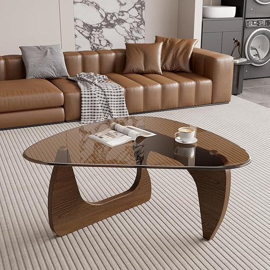 Modern Glass Coffee Table, Triangle Center Table with Tempered Glass Top& Unique Wooden Base, 35.5” Mid Century Tea Tables for Living Room, Apartment, Office,Walnut & Brown