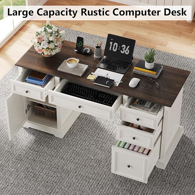 Vipbear 60" Farmhouse Executive Desk with Drawers and Cabinet, Embossed Texture Wood Home Office Desk, Rustic Computer Writing Desk, Workspace for Work Study Writing, White