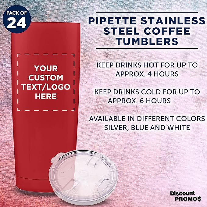 Custom Pipette Stainless Steel Coffee Tumblers 20 oz. Set of 24, Personalized Bulk Pack - Double Wall, Perfect for Coffee, Hot Cocoa, Other Hot & Cold Beverages - Red