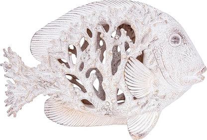 Coral Reef Fish Figurine Nautical Home Decor White Accent Centerpiece Coastal Tabletop Collection 12 1/2 Inch Sculpture